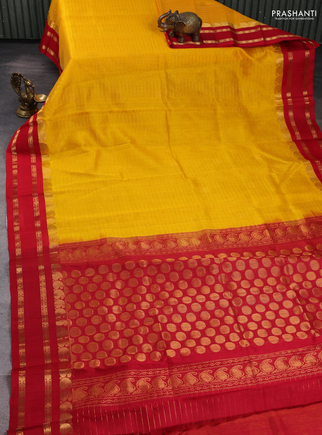 Kuppadam silk cotton saree mango yellow and red with allover zari checks & buttas and paisley zari woven border