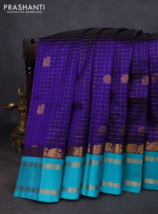 Kuppadam silk cotton saree blue and teal blue with allover zari checks & buttas and paisley zari woven border