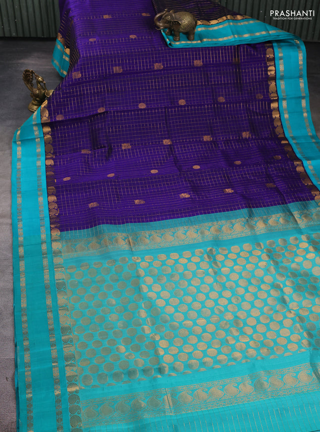 Kuppadam silk cotton saree blue and teal blue with allover zari checks & buttas and paisley zari woven border