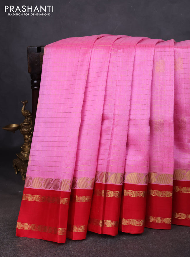 Kuppadam silk cotton saree light pink and maroon with allover zari checks & buttas and paisley zari woven border