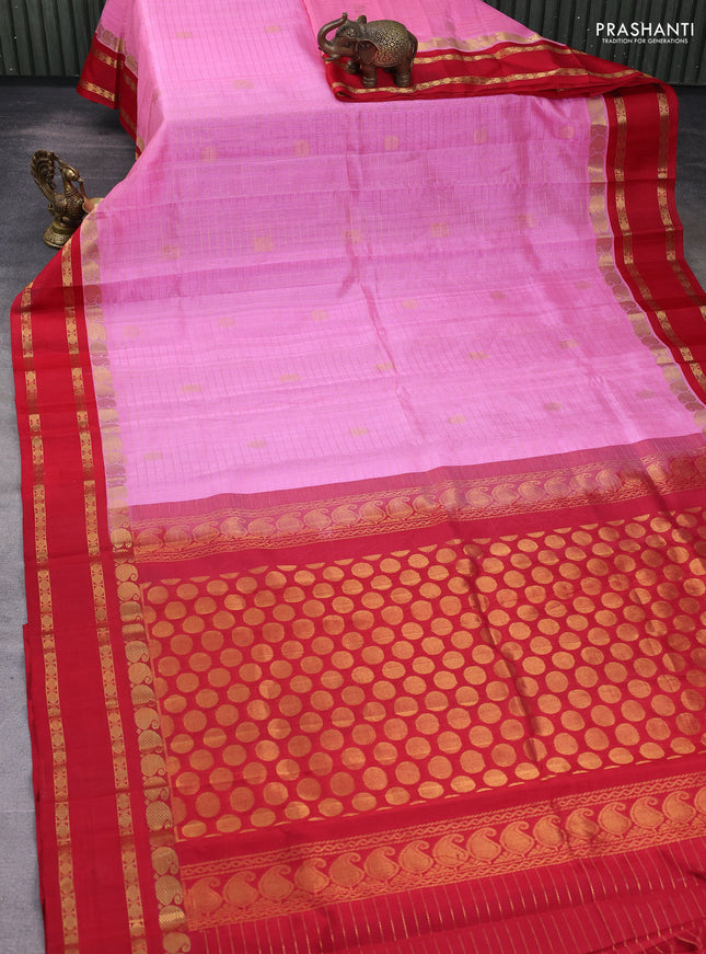 Kuppadam silk cotton saree light pink and maroon with allover zari checks & buttas and paisley zari woven border