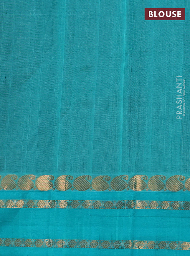 Kuppadam silk cotton saree black and teal blue with allover zari checks & buttas and paisley zari woven border