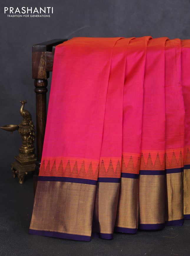 Kuppadam silk cotton saree dual shade of pinkish orange and navy blue with plain body and temple design zari woven border