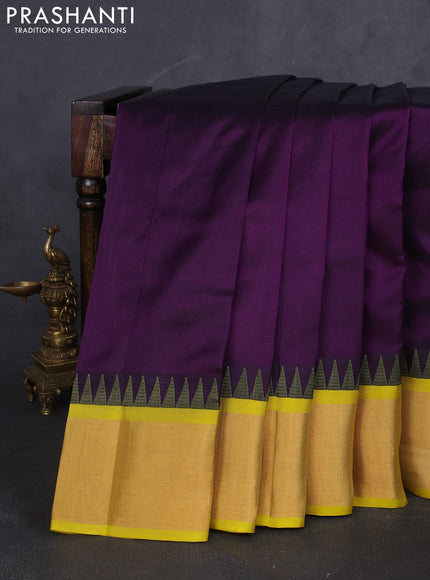 Kuppadam silk cotton saree violet and lime yellow with plain body and temple design zari woven border