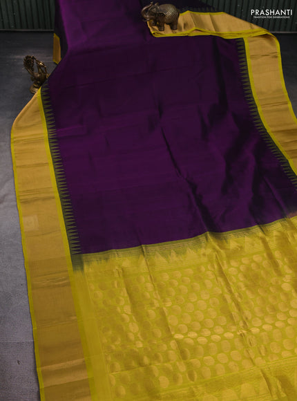Kuppadam silk cotton saree violet and lime yellow with plain body and temple design zari woven border
