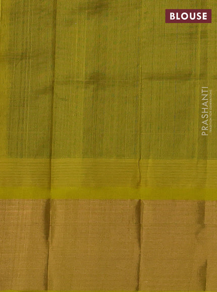 Kuppadam silk cotton saree violet and lime yellow with plain body and temple design zari woven border
