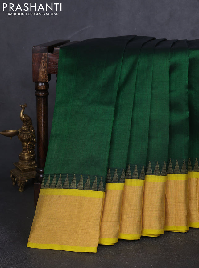 Kuppadam silk cotton saree green and lime yellow with plain body and temple design zari woven border
