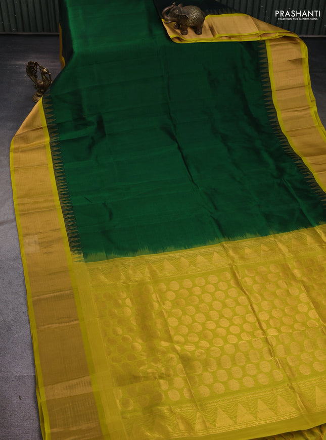Kuppadam silk cotton saree green and lime yellow with plain body and temple design zari woven border