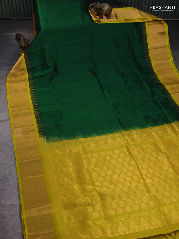 Kuppadam silk cotton saree green and lime yellow with plain body and temple design zari woven border