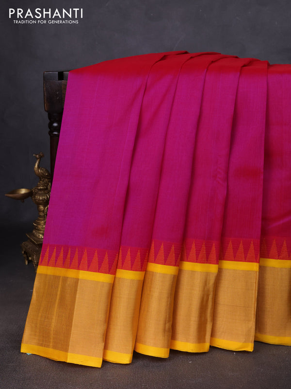 Kuppadam silk cotton saree pink and yellow with plain body and temple design zari woven border