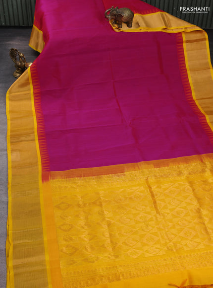 Kuppadam silk cotton saree pink and yellow with plain body and temple design zari woven border