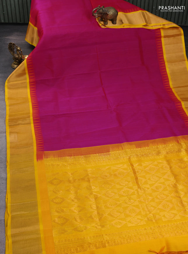 Kuppadam silk cotton saree pink and yellow with plain body and temple design zari woven border