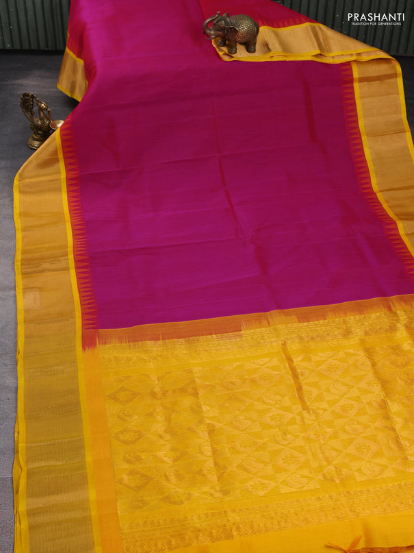 Kuppadam silk cotton saree pink and yellow with plain body and temple design zari woven border
