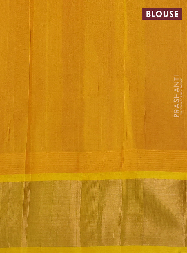 Kuppadam silk cotton saree pink and yellow with plain body and temple design zari woven border