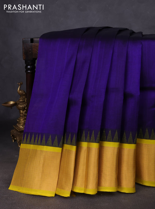 Kuppadam silk cotton saree blue and lime yellow with plain body and temple design zari woven border