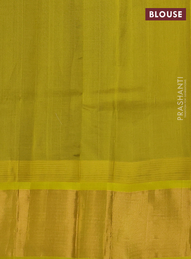 Kuppadam silk cotton saree blue and lime yellow with plain body and temple design zari woven border