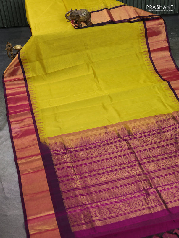 Kuppadam silk cotton saree lime yellow and deep jamun with plain body and temple design zari woven border