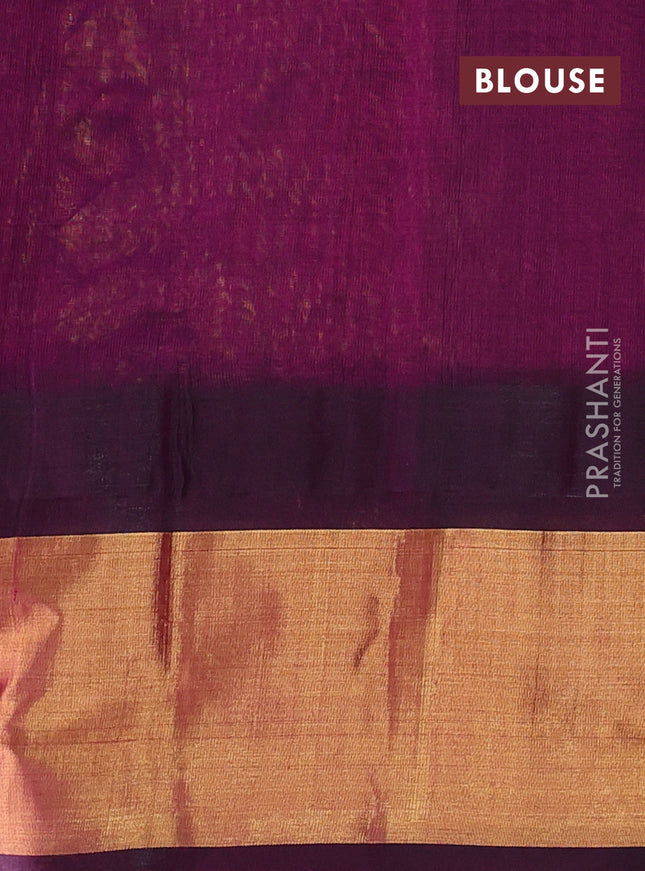 Kuppadam silk cotton saree lime yellow and deep jamun with plain body and temple design zari woven border