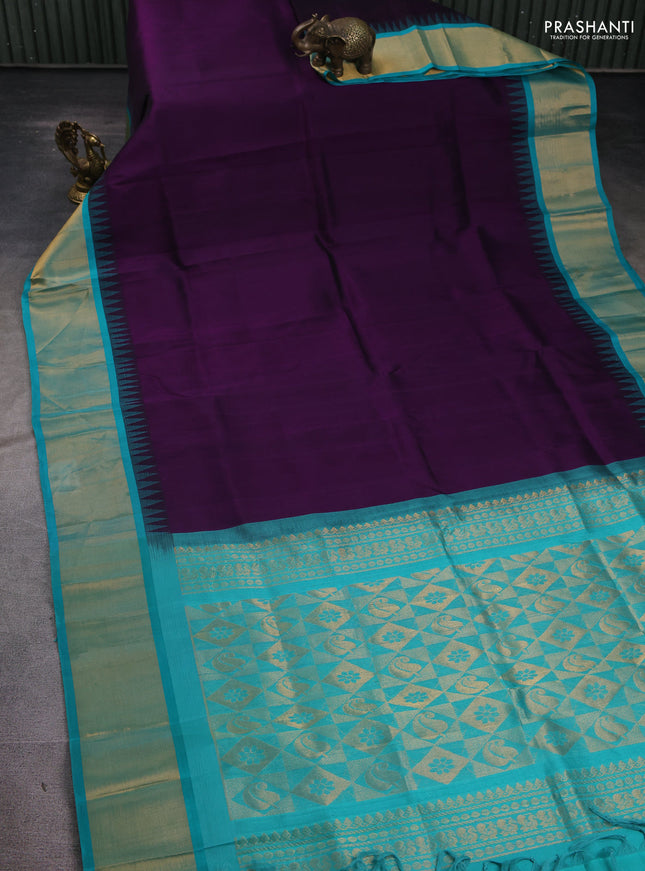 Kuppadam silk cotton saree deep violet and teal blue with plain body and temple design zari woven border