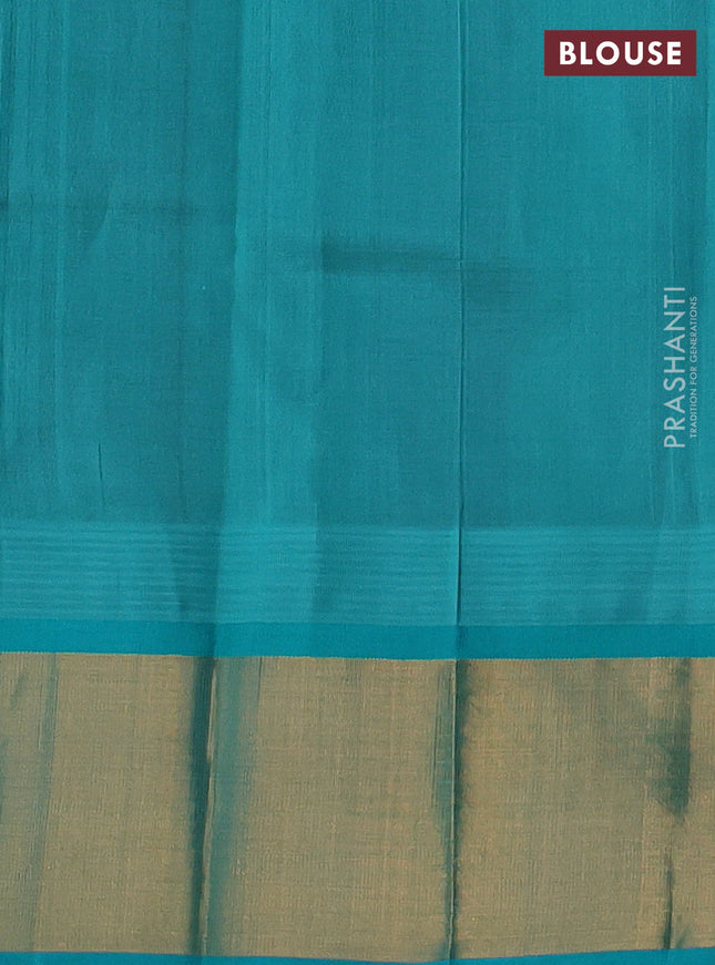 Kuppadam silk cotton saree deep violet and teal blue with plain body and temple design zari woven border