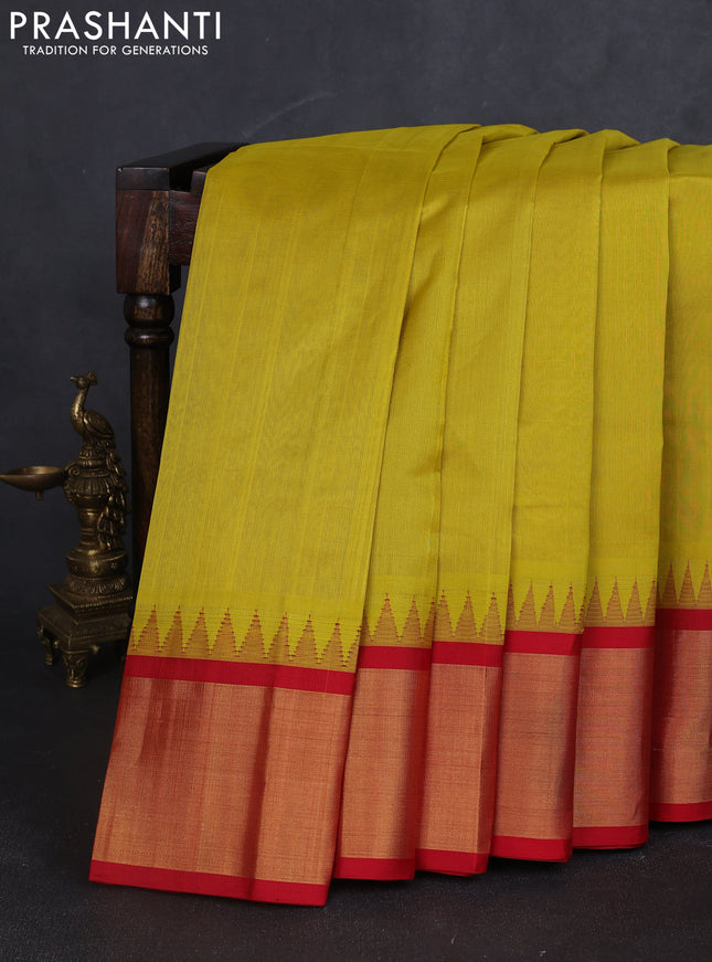 Kuppadam silk cotton saree lime yellow and red with plain body and temple design zari woven border
