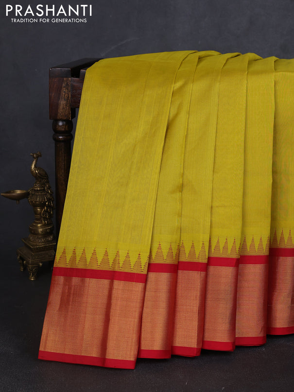 Kuppadam silk cotton saree lime yellow and red with plain body and temple design zari woven border