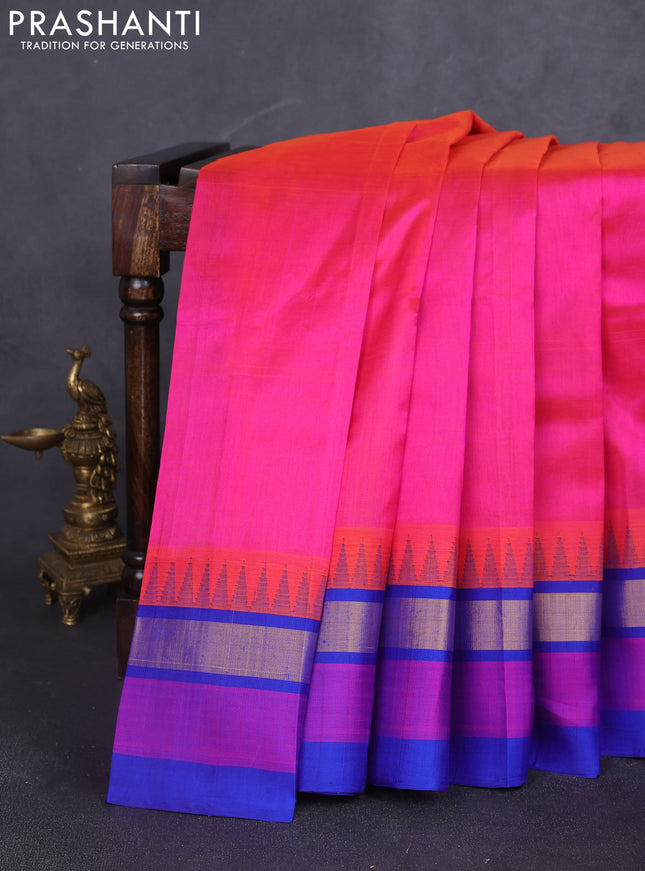 Kuppadam silk cotton saree pink and blue with plain body and temple design zari woven border