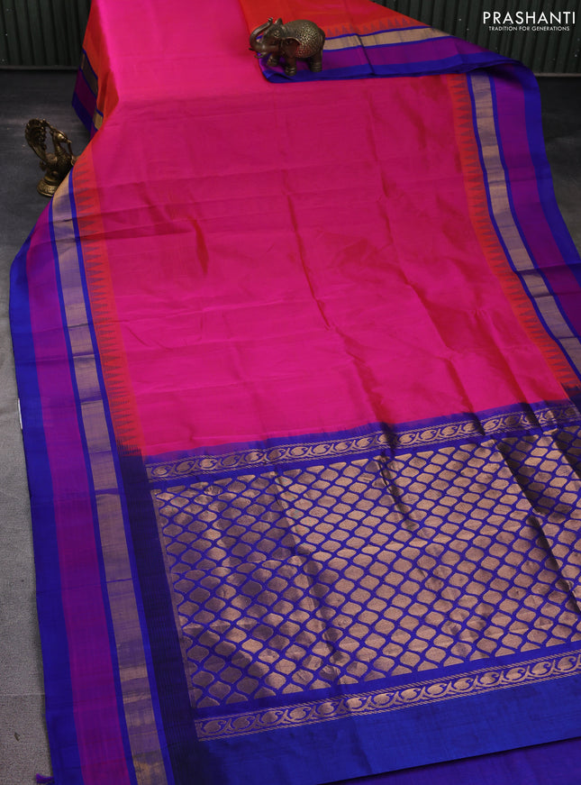 Kuppadam silk cotton saree pink and blue with plain body and temple design zari woven border