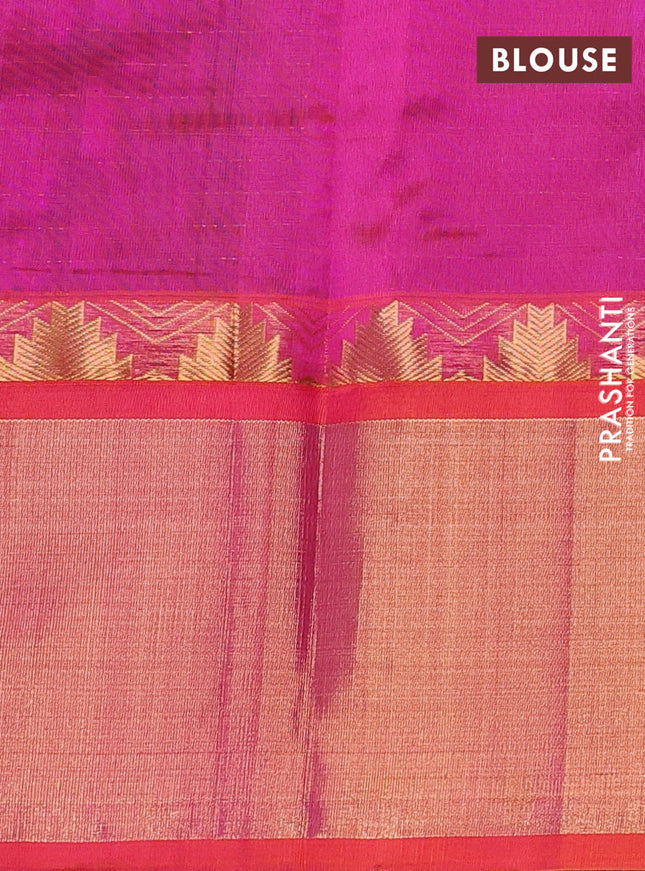 Kuppadam silk cotton saree navy blue and orange with allover zari checks & lakshadeepam weaves and temple design long zari border