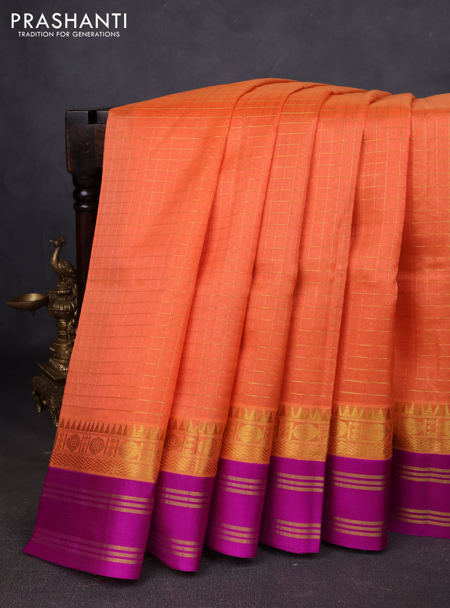 Kuppadam silk cotton saree orange and purple with allover zari checked pattern and zari woven border