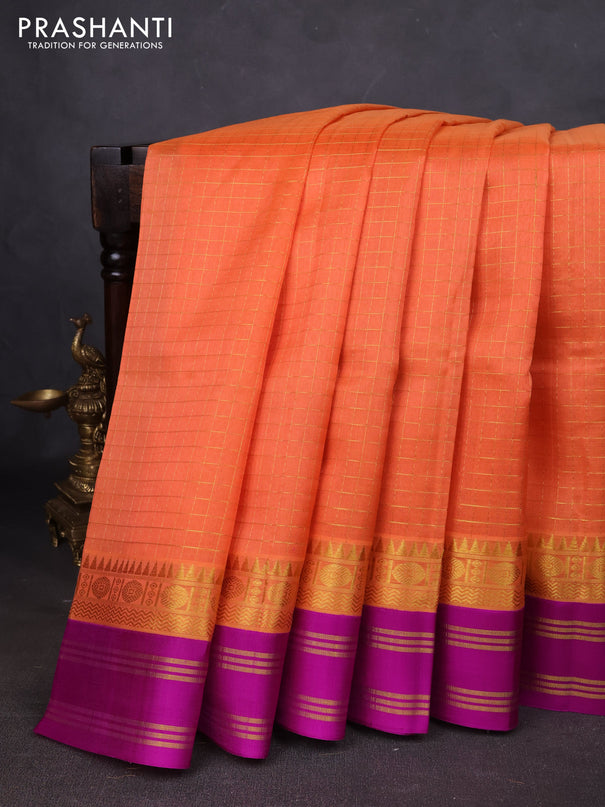Kuppadam silk cotton saree orange and purple with allover zari checked pattern and zari woven border