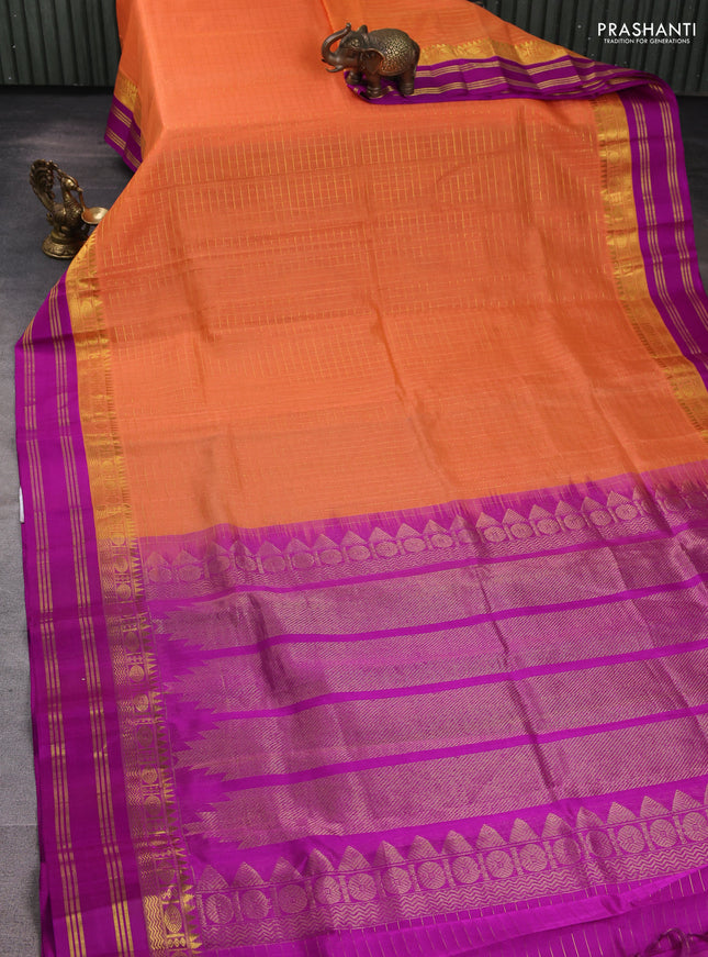 Kuppadam silk cotton saree orange and purple with allover zari checked pattern and zari woven border