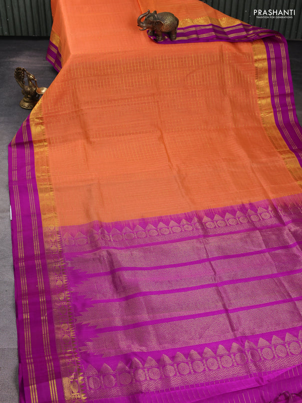 Kuppadam silk cotton saree orange and purple with allover zari checked pattern and zari woven border