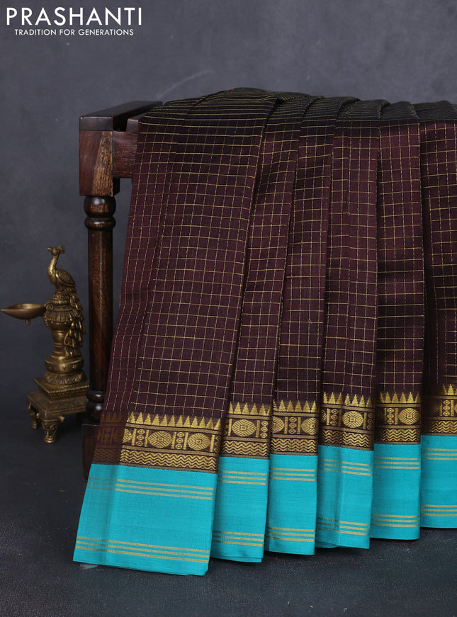 Kuppadam silk cotton saree coffee brown and teal blue with allover zari checked pattern and zari woven border