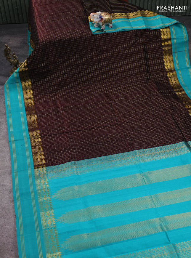 Kuppadam silk cotton saree coffee brown and teal blue with allover zari checked pattern and zari woven border