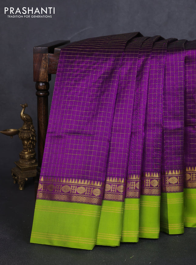 Kuppadam silk cotton saree purple and fluorescent green with allover zari checked pattern and zari woven border