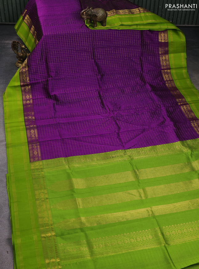 Kuppadam silk cotton saree purple and fluorescent green with allover zari checked pattern and zari woven border