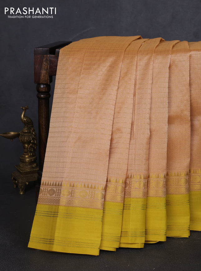 Kuppadam silk cotton saree sandal and yellow with allover zari checked pattern and zari woven border