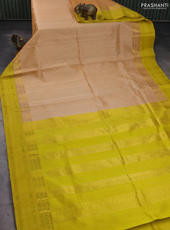 Kuppadam silk cotton saree sandal and yellow with allover zari checked pattern and zari woven border