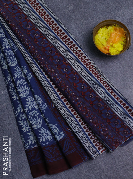Jaipur cotton saree indigo blue and maroon with allover prints and printed border