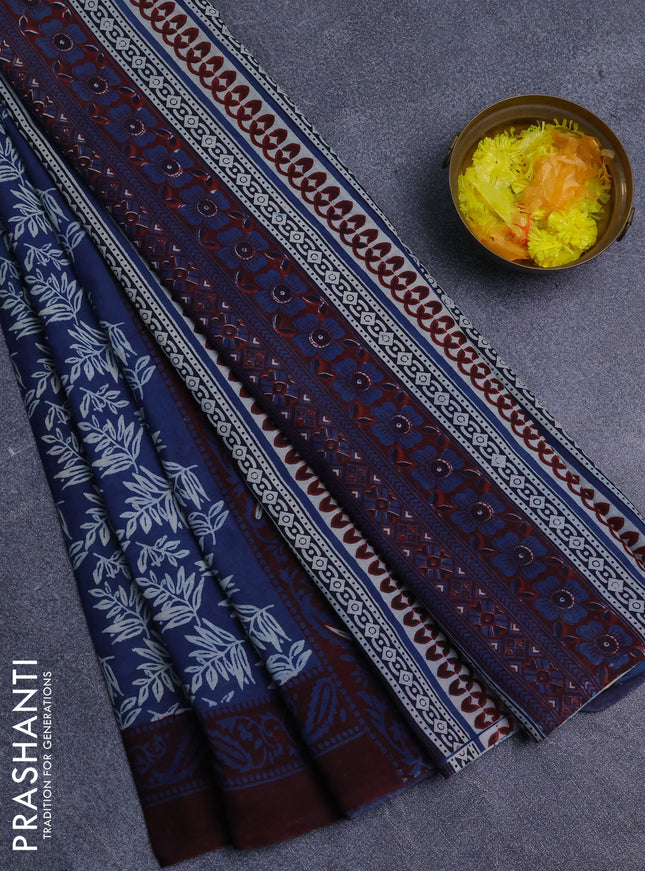 Jaipur cotton saree indigo blue and maroon with allover prints and printed border