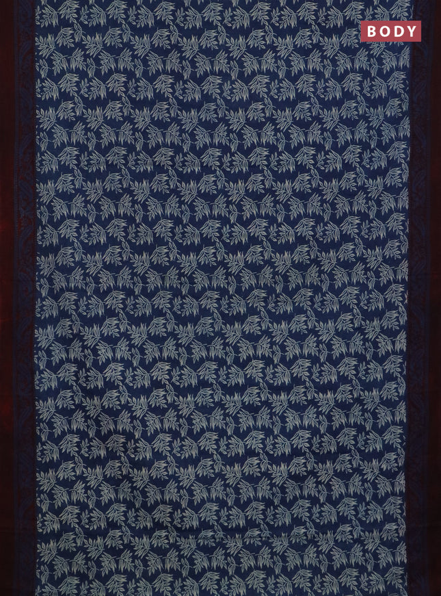 Jaipur cotton saree indigo blue and maroon with allover prints and printed border