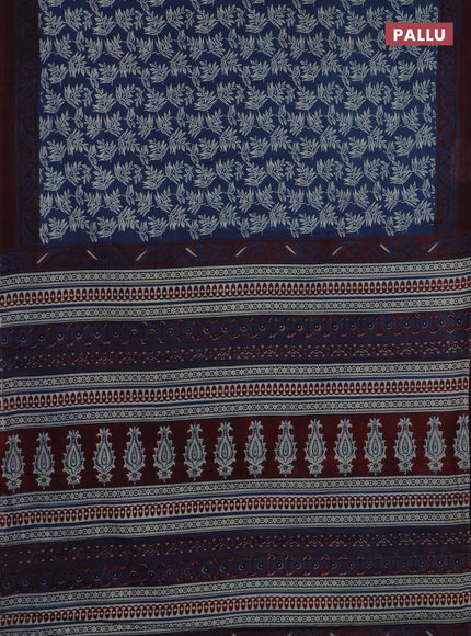 Jaipur cotton saree indigo blue and maroon with allover prints and printed border