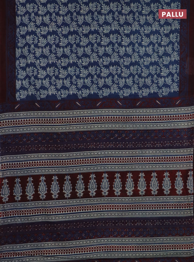 Jaipur cotton saree indigo blue and maroon with allover prints and printed border
