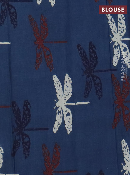 Jaipur cotton saree indigo blue and maroon with allover prints and printed border