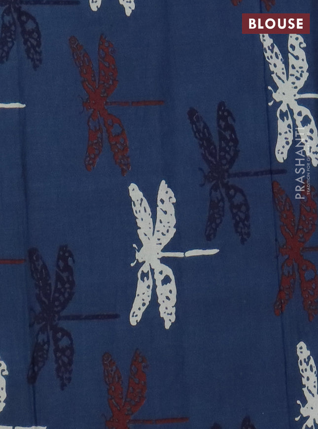 Jaipur cotton saree indigo blue and maroon with allover prints and printed border