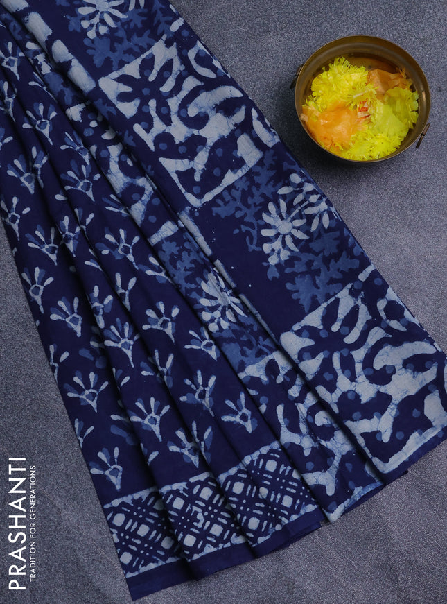Jaipur cotton saree indigo blue with allover dabu prints and printed border