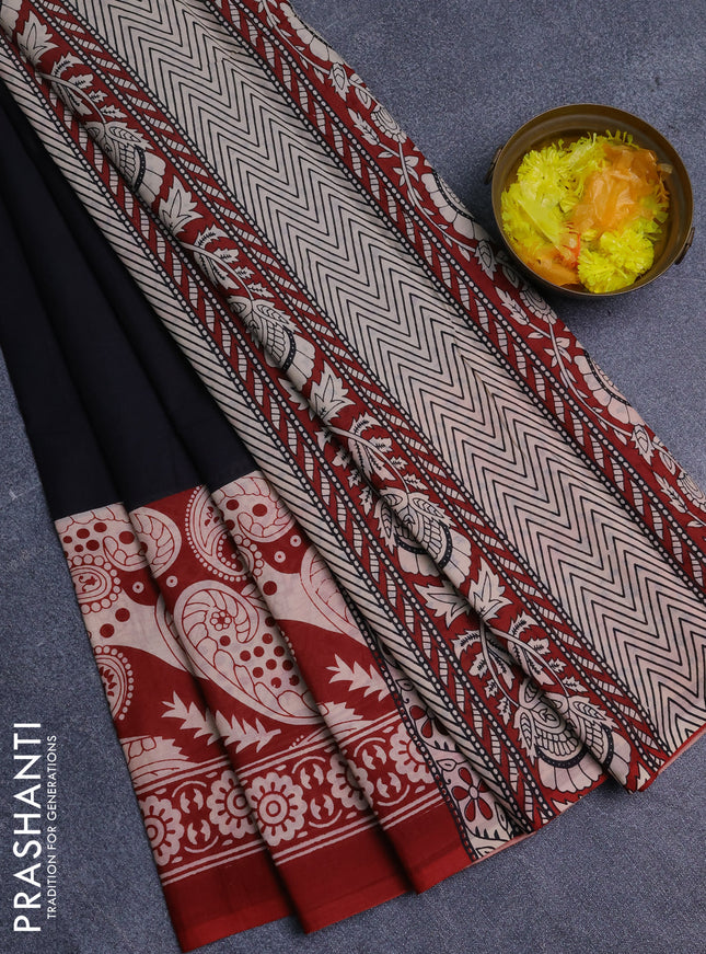 Jaipur cotton saree black and maroon with plain body and long printed border