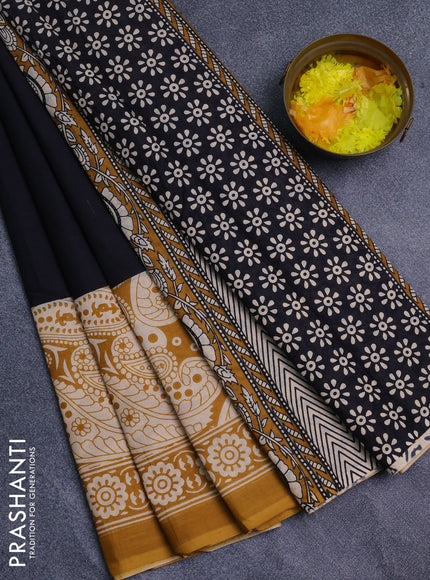 Jaipur cotton saree black and mustard yellow with plain body and long printed border