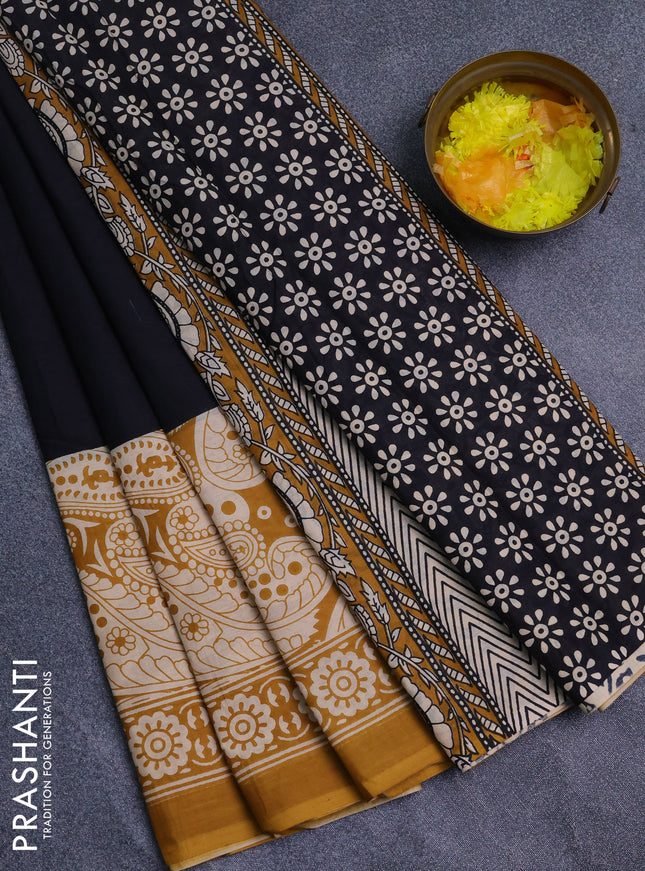 Jaipur cotton saree black and mustard yellow with plain body and long printed border